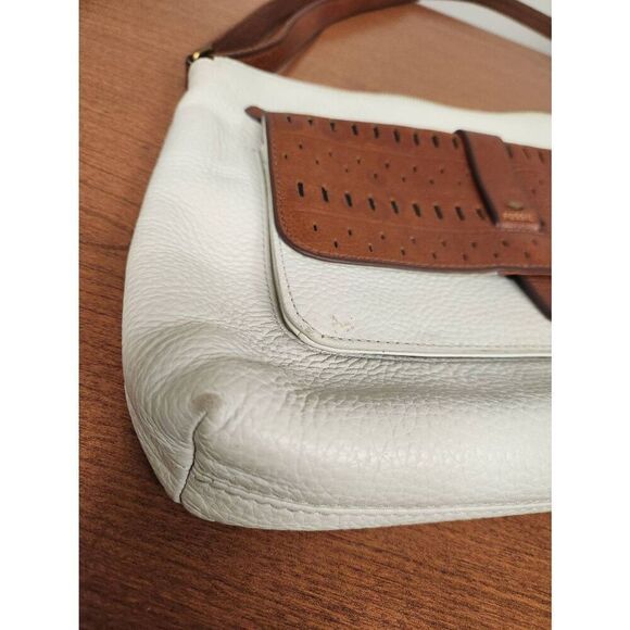 Fossil Large Kinley Leather Neutral Crossbody Bag Tan and White - Picture 4 of 13